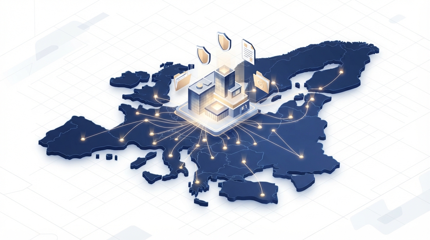 A 3D isometric illustration of a centralized hub connecting multiple nodes across a map of the European Union, representing the EUIPO filing process.