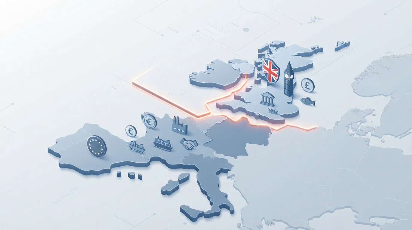 Eine isometrische 3D-Illustration, die die geografische Trennung zwischen der Europäischen Union und dem Vereinigten Königreich zeigt und verschiedene Rechtsgebiete hervorhebt.