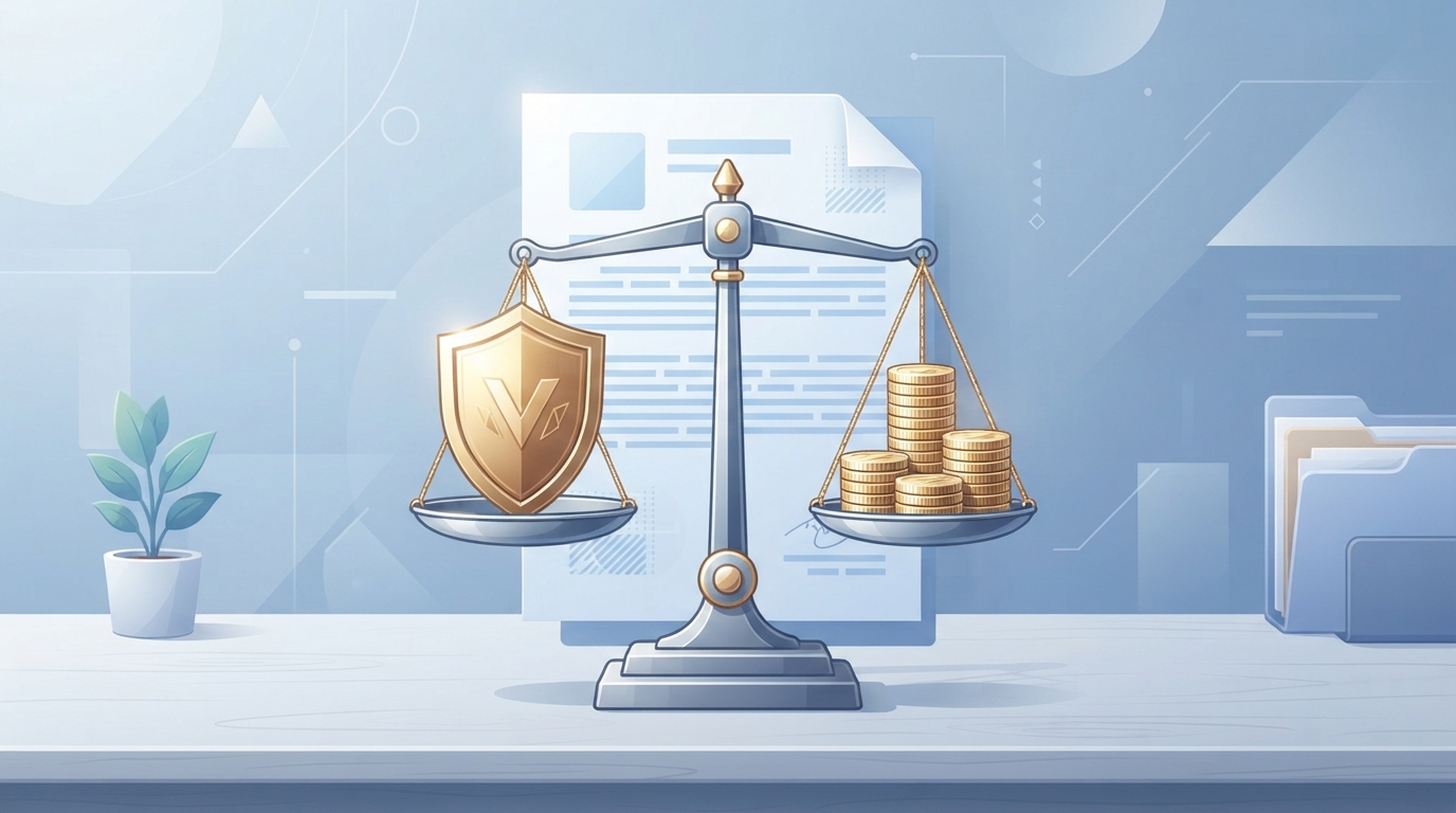 An isometric illustration showing a scale balancing business assets and legal protection symbols.