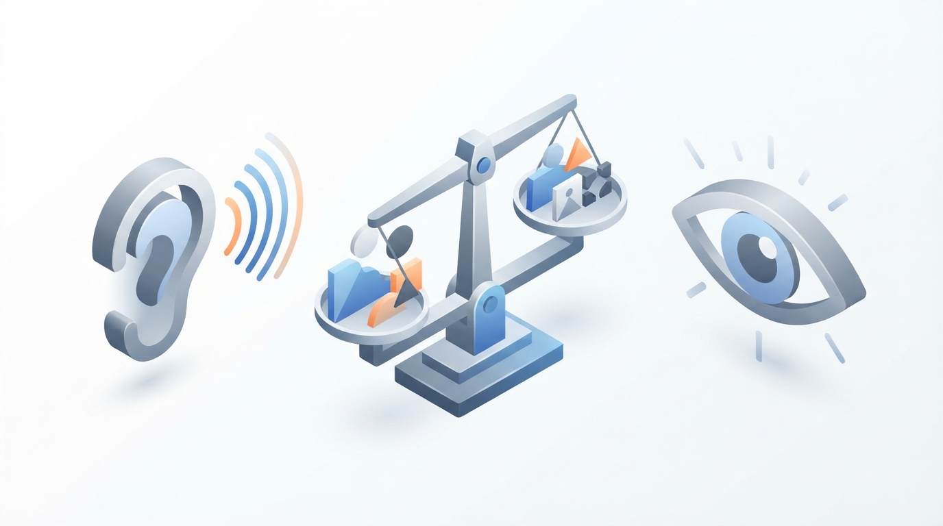 An isometric illustration showing an eye and an ear icon representing visual and phonetic brand assessment.