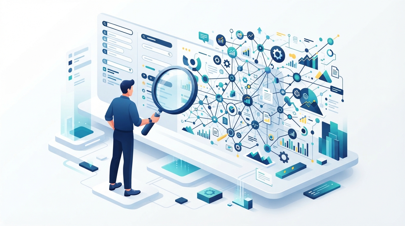 Illustration isométrique montrant une comparaison entre la recherche de données automatisée et l'analyse stratégique professionnelle.