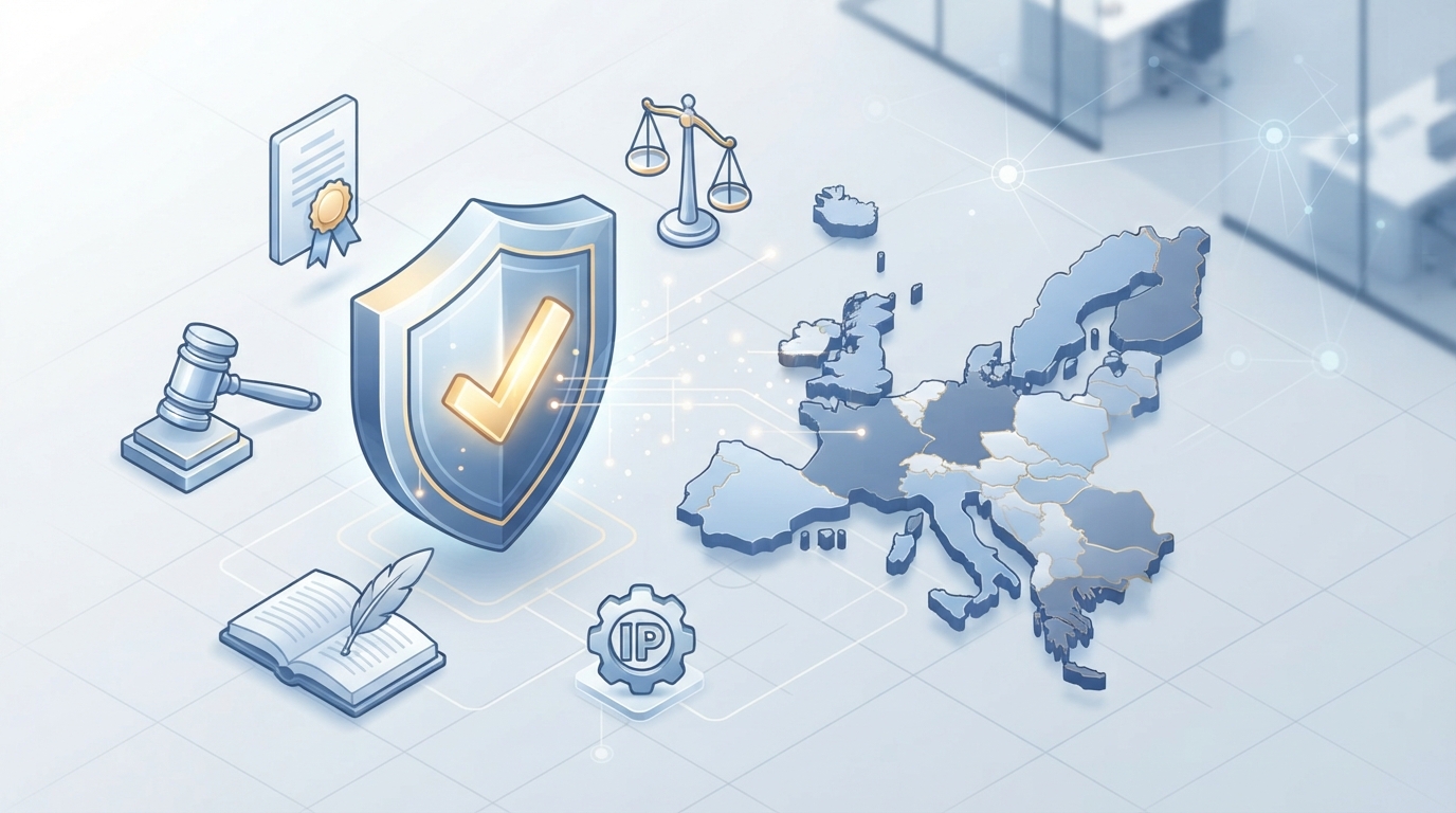 3D isometric illustration showing a verified legal credential badge with a European Union map background.