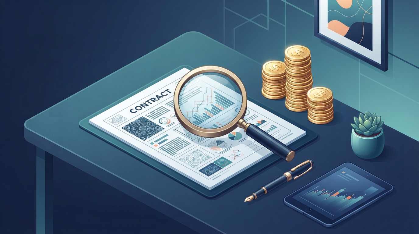 Une illustration isométrique en 3D d'une loupe examinant un contrat à côté de piles de pièces de monnaie, représentant l'examen minutieux des frais juridiques cachés.