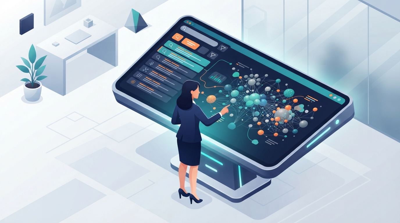 An isometric illustration of a digital interface showing search bars and data filters for trademark research.