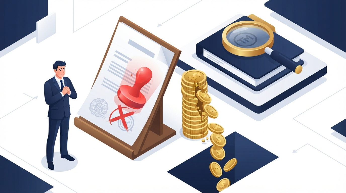 An isometric illustration showing a trademark rejection leading to financial loss, with falling coins and legal symbols.