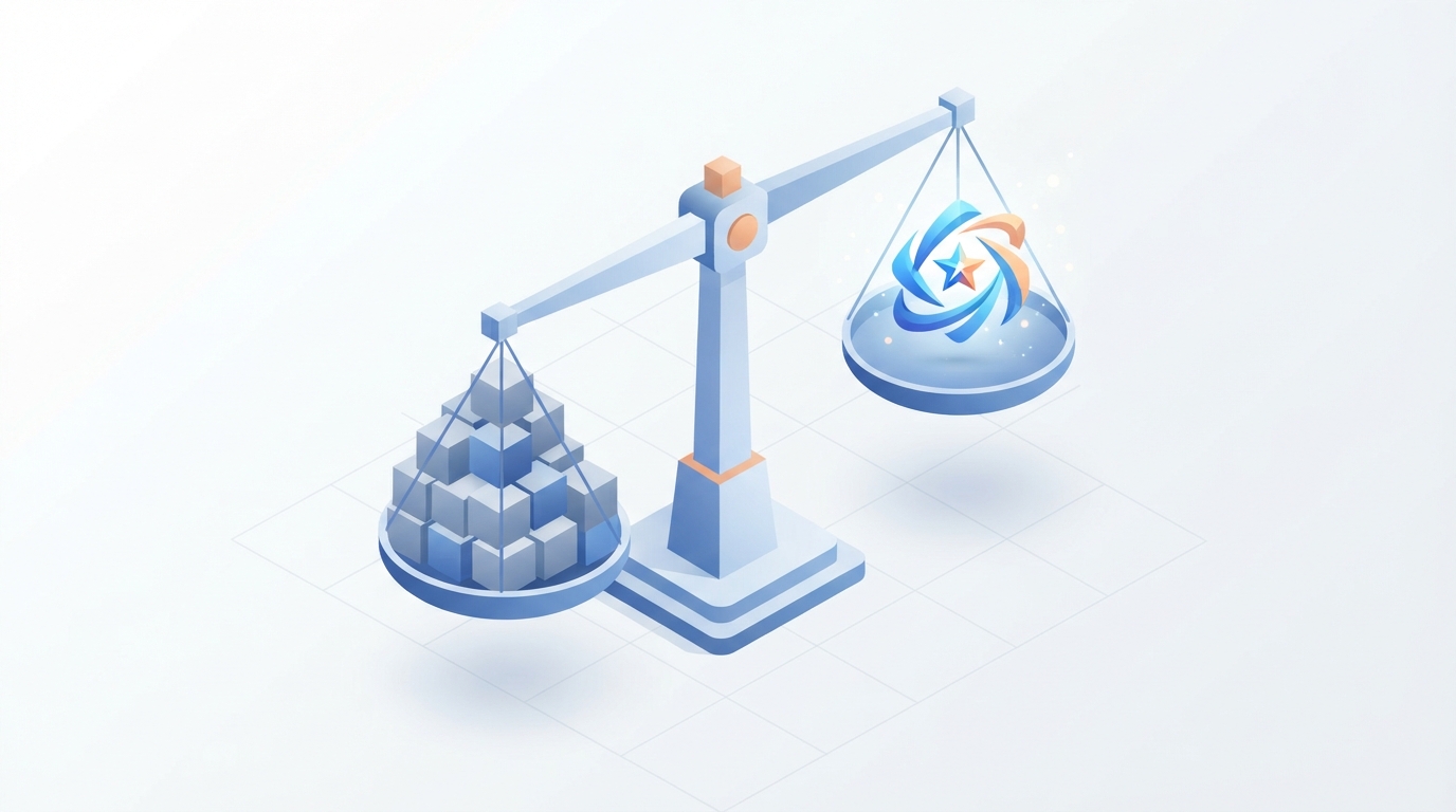 Illustration isométrique de balances pesant des blocs génériques face à un symbole de marque unique pour représenter les motifs absolus de refus de marque.