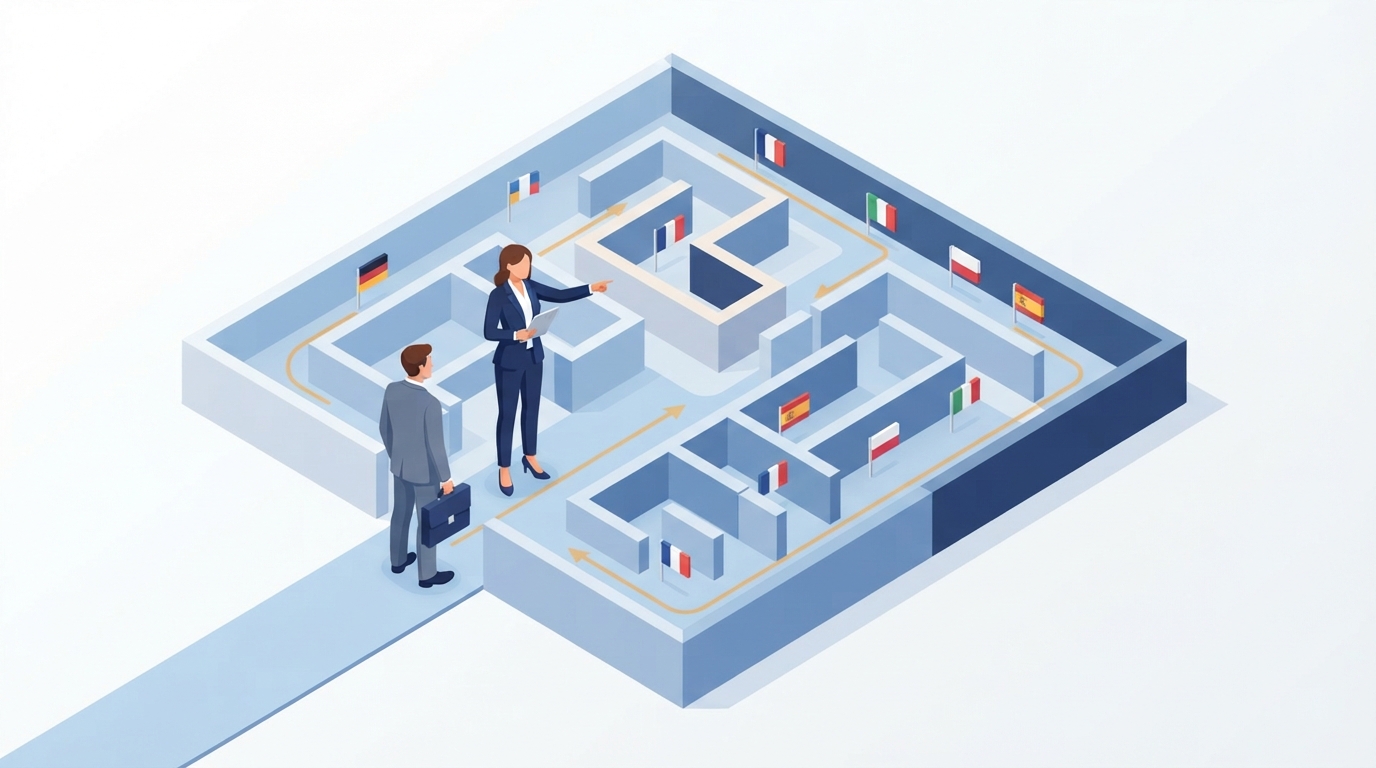 An isometric illustration showing a legal professional guiding a business owner through a structured maze symbolizing the EU trademark opposition process.