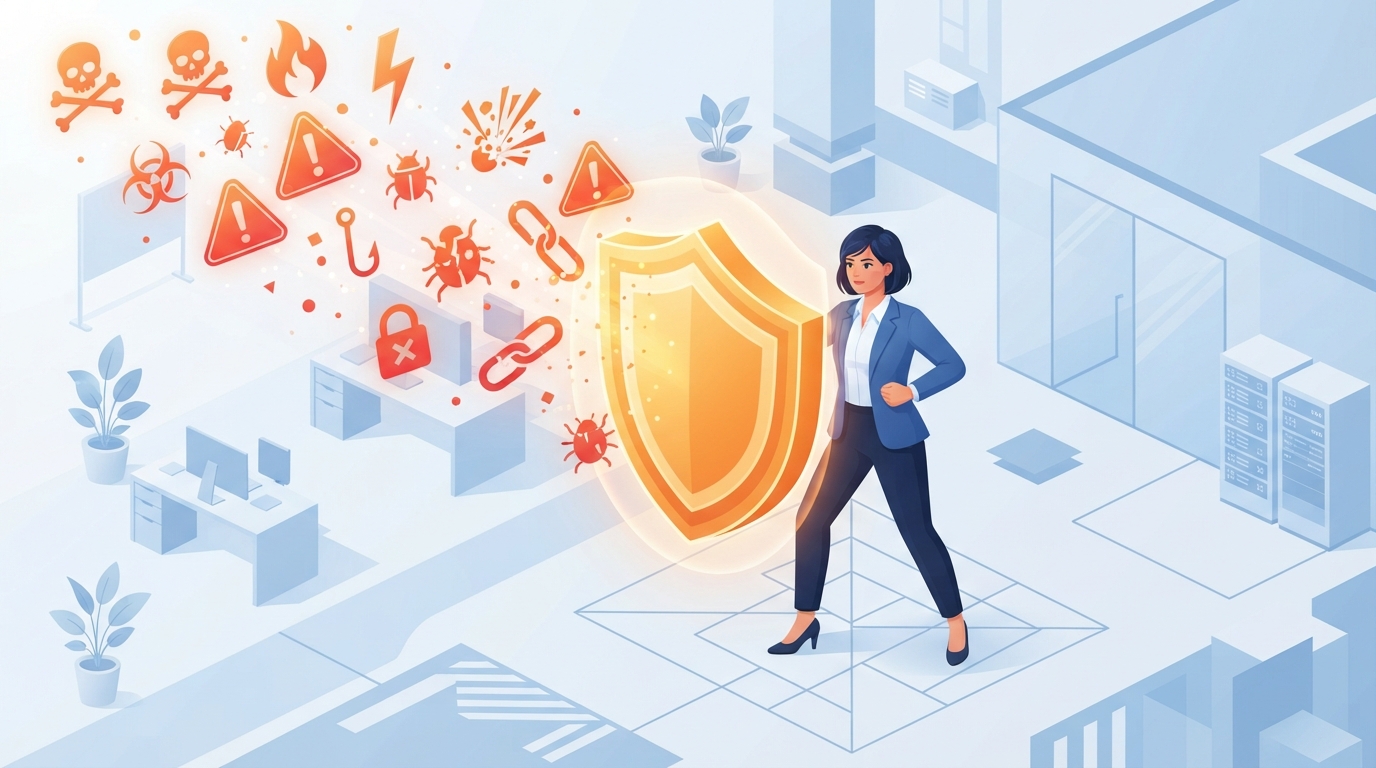 Isometric illustration of a protective shield defending a brand symbol from legal risks.