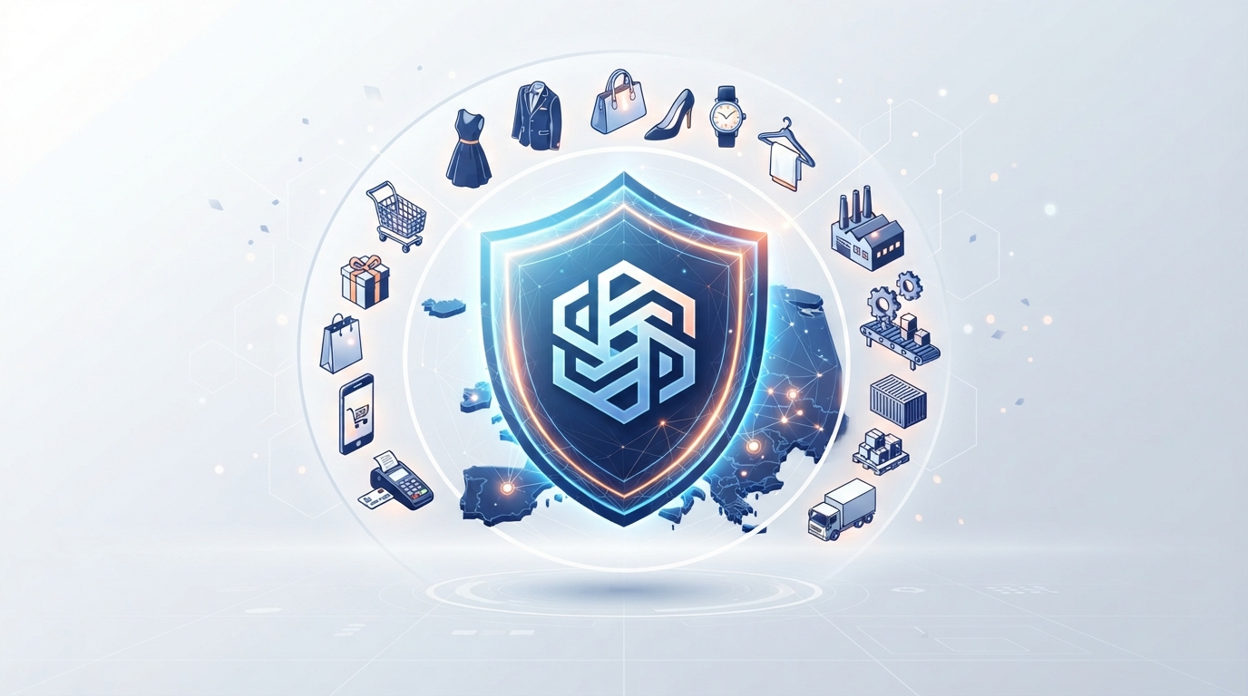 An isometric illustration showing a protective shield over brand icons and a map of Europe, symbolizing trademark registration.