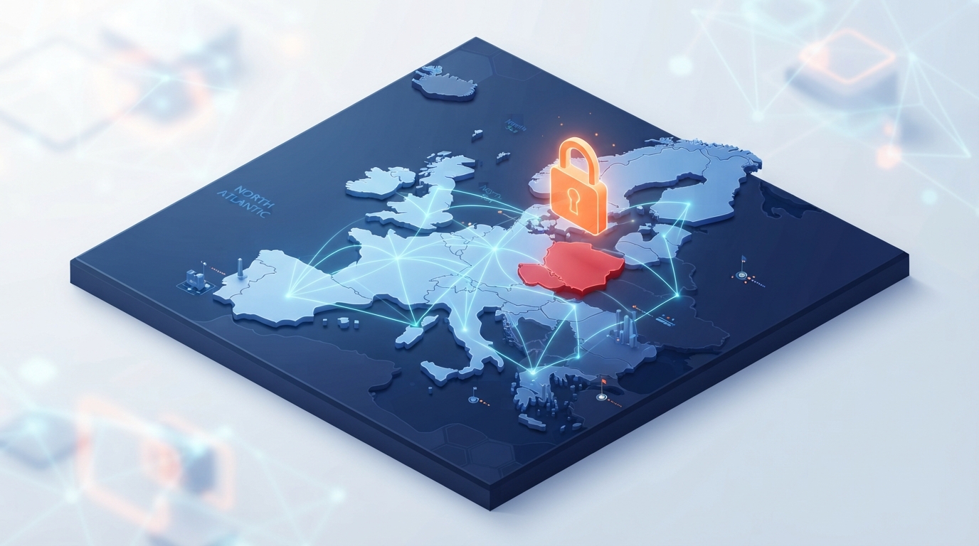 Isometric illustration of a digital map showing a locked market segment representing geographical expansion barriers.