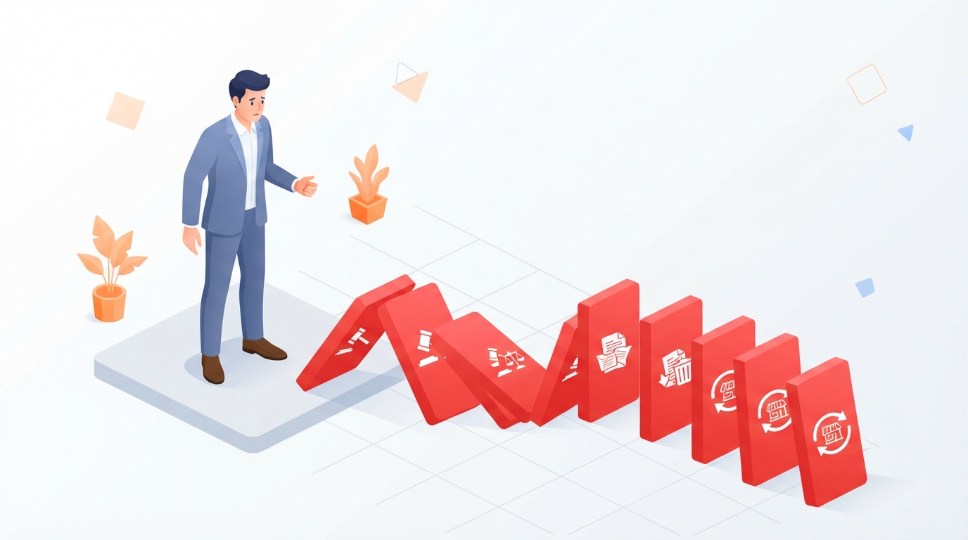 Une illustration isométrique montrant les conséquences financières en cascade d'une demande de marque rejetée.