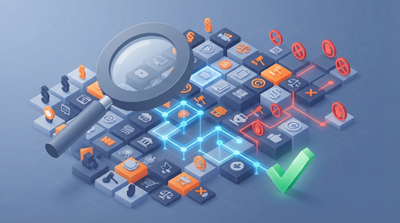 An isometric illustration of a magnifying glass analyzing a network of brand symbols for legal clearance.