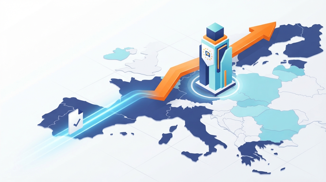 An isometric illustration showing a direct, fast path for a document moving towards a European central office, representing streamlined EUIPO filing.
